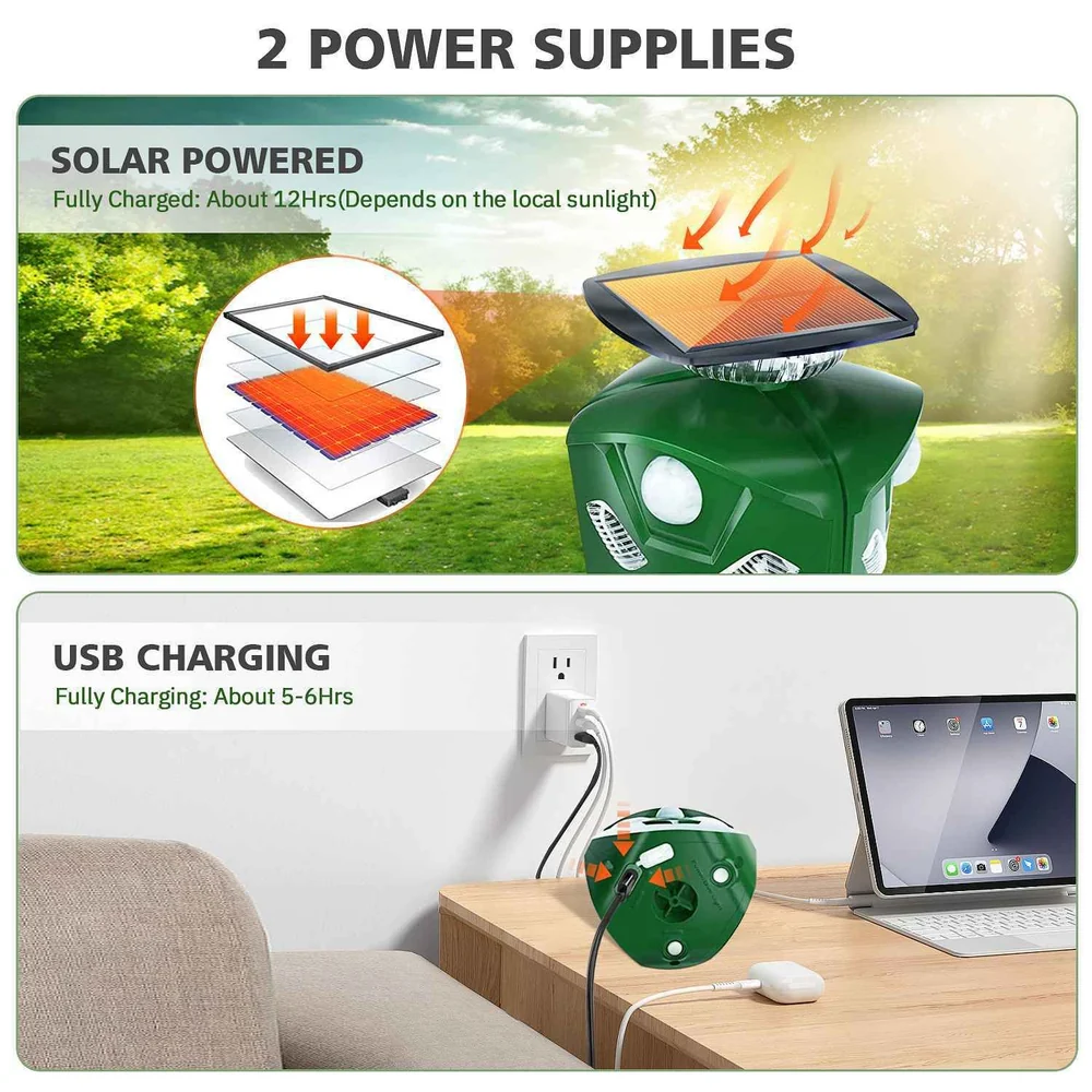 Image depicting a multifunctional solar-powered and USB charging device, showcasing the solar panel on top and USB connectivity for convenient powering options.