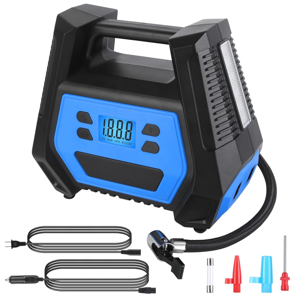 Compact digital air compressor with blue accents, featuring a large LED display for tire pressure readings, alongside multiple nozzle attachments for versatile use.
