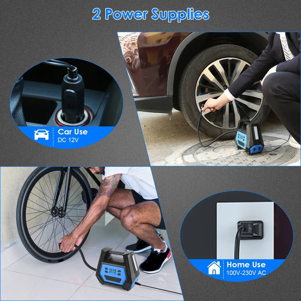 Portable air compressor with dual power supply options for car (DC 12V) and home (100V-230V AC), shown in use inflating a bicycle tire and attaching to a vehicle tire.