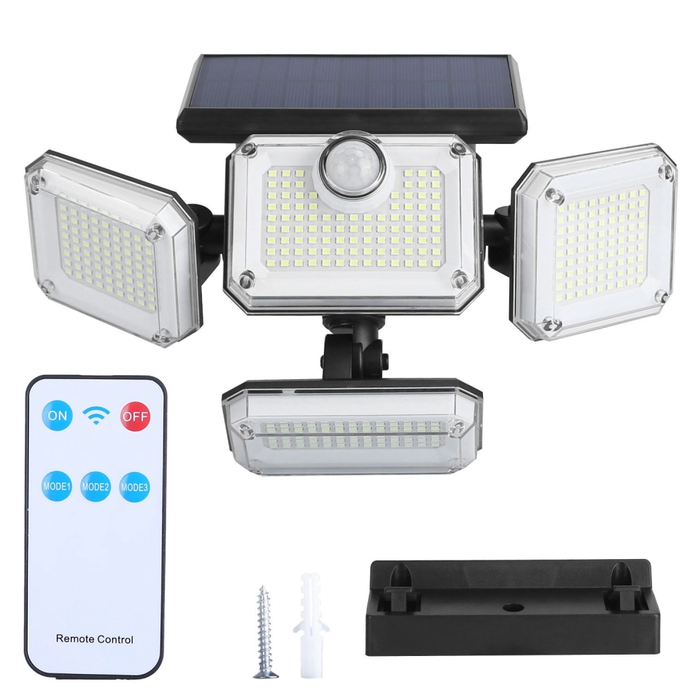 Solar-powered LED security light with adjustable solar panel, motion sensor, remote control, and mounting hardware.