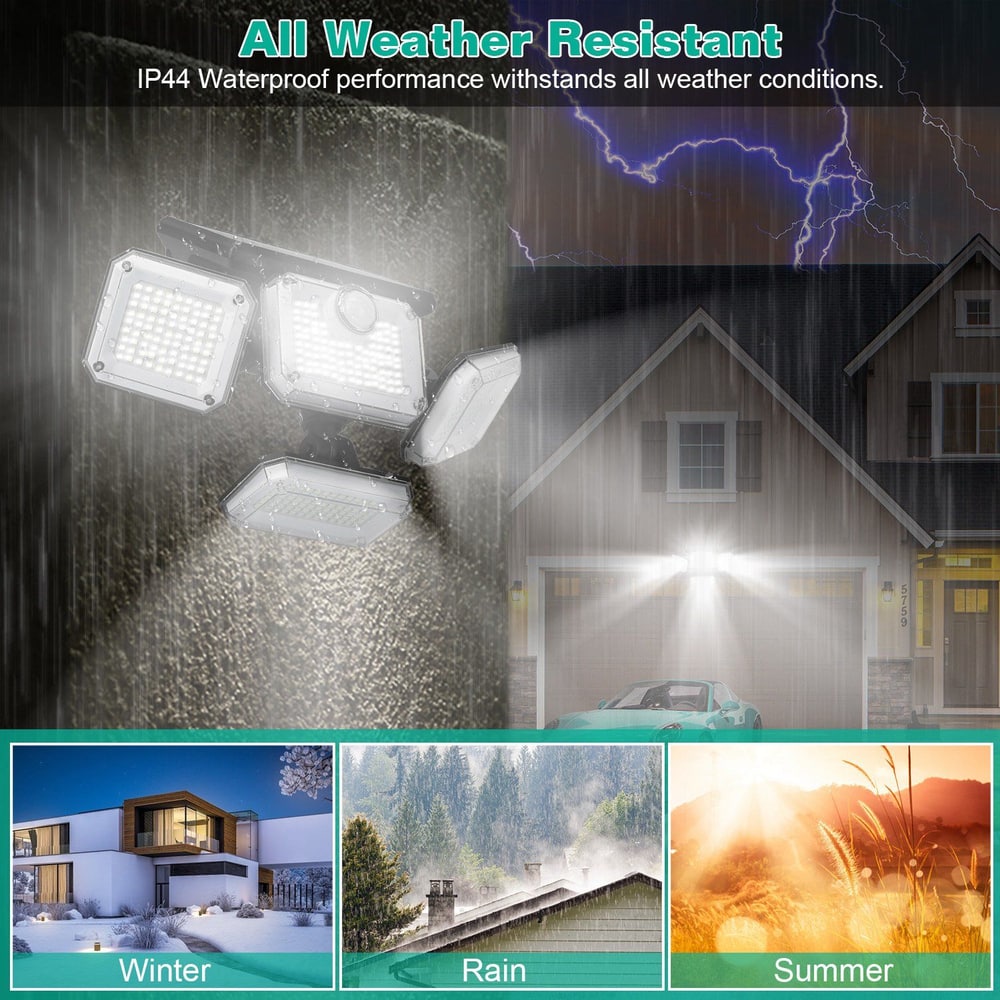LED outdoor security light with three panels, showcasing superior waterproof performance for all weather conditions, including rain, winter, and summer.