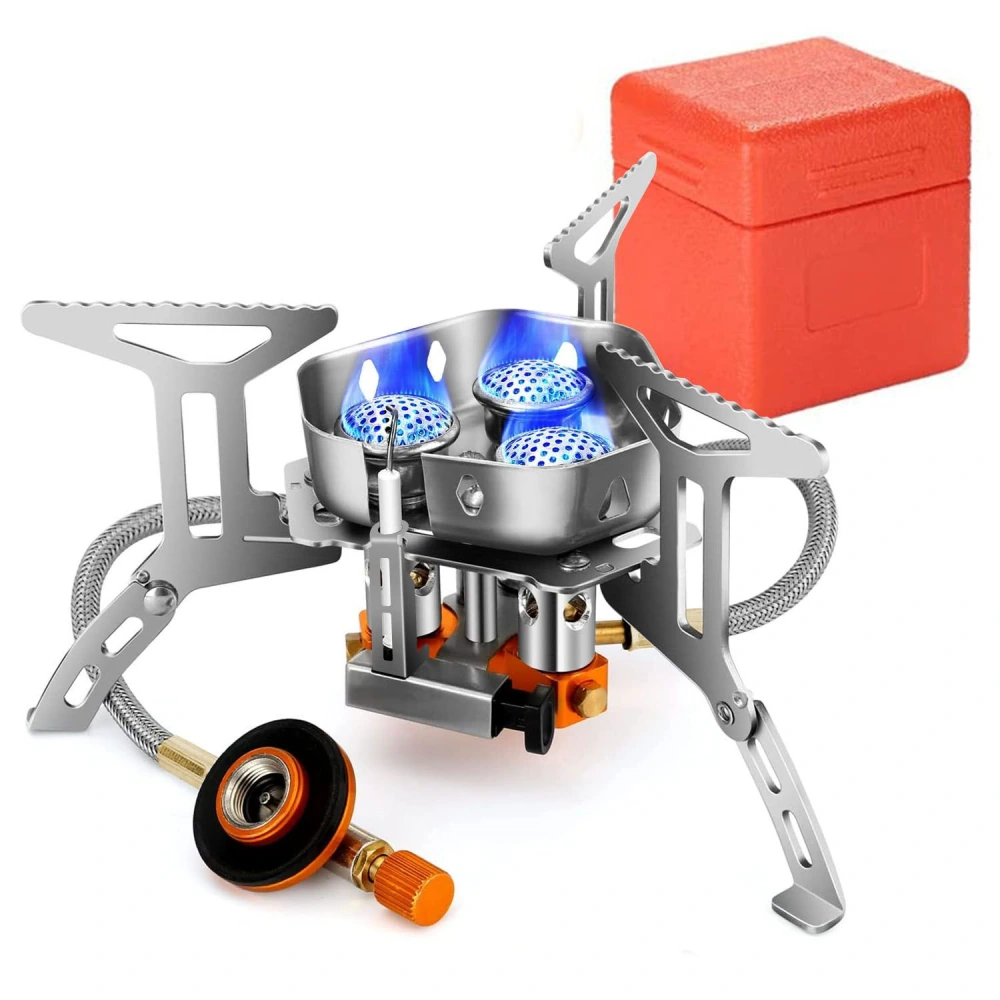 Portable camping stove with dual burner flames, stainless steel structure, and included protective case for outdoor cooking.