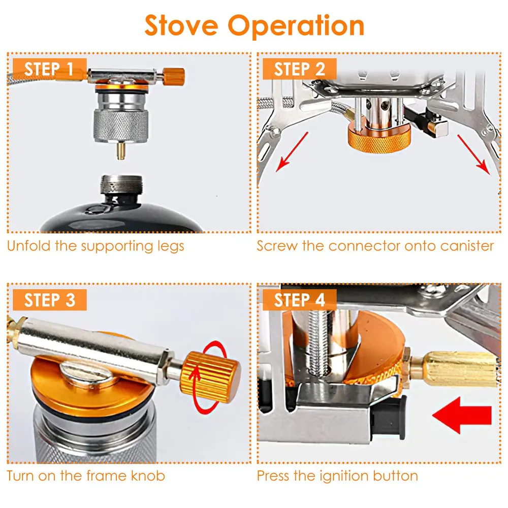 Instructional image outlining four steps for operating a camping stove, including unfolding legs, attaching the connector to the canister, turning on the frame knob, and pressing the ignition button.