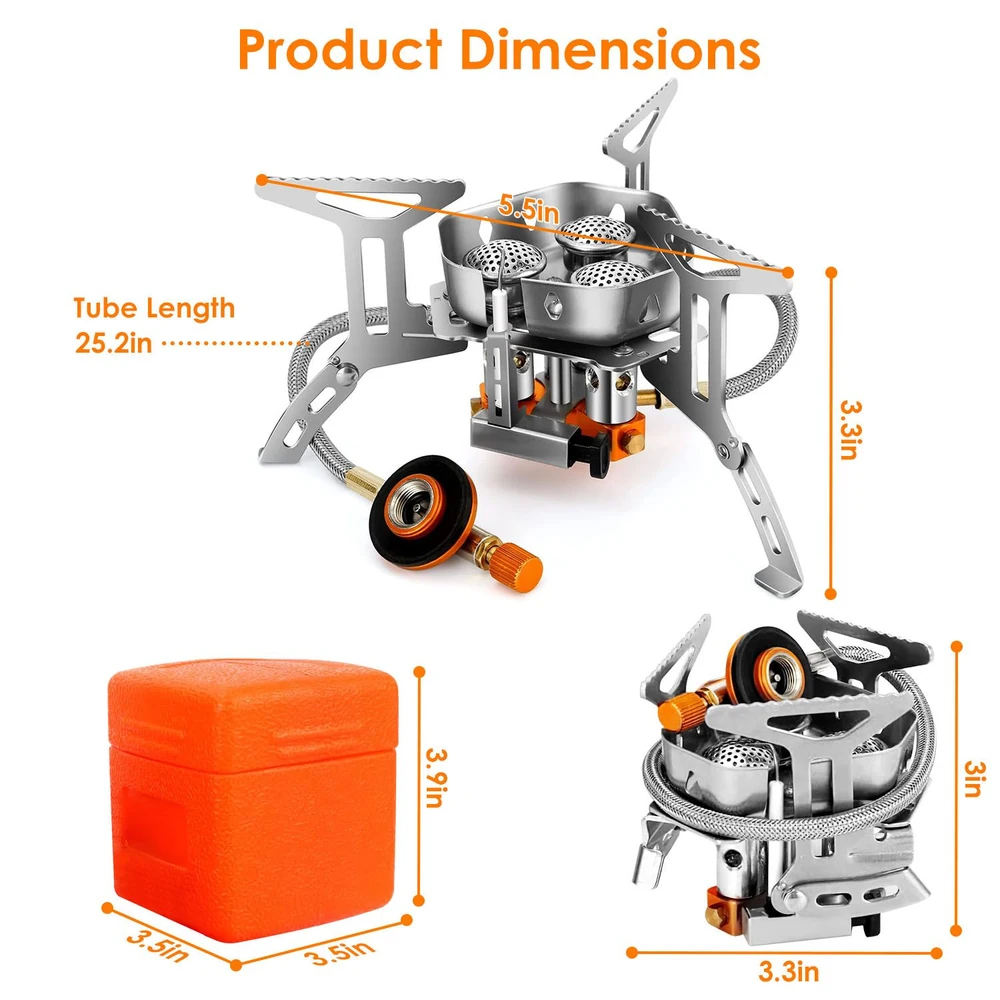 Detailed illustration of a portable camping stove, showcasing its dimensions (5.5 inches width, 3.3 inches height, tube length 25.2 inches), along with a compact orange carrying case (3.5 inches square, 3.9 inches height).
