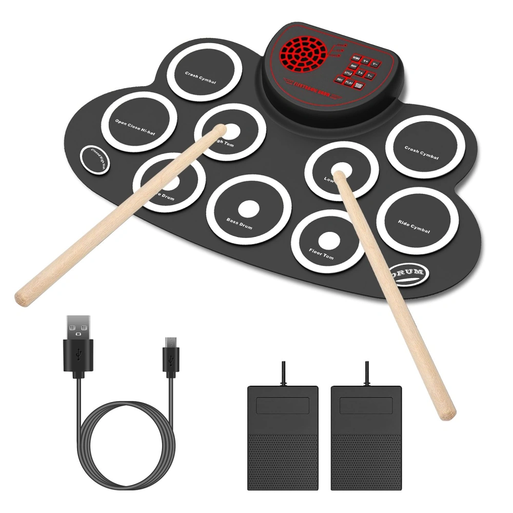 Digital drum kit with eight pads, drumsticks, USB cable, and foot pedals, designed for beginners and electronic music enthusiasts.