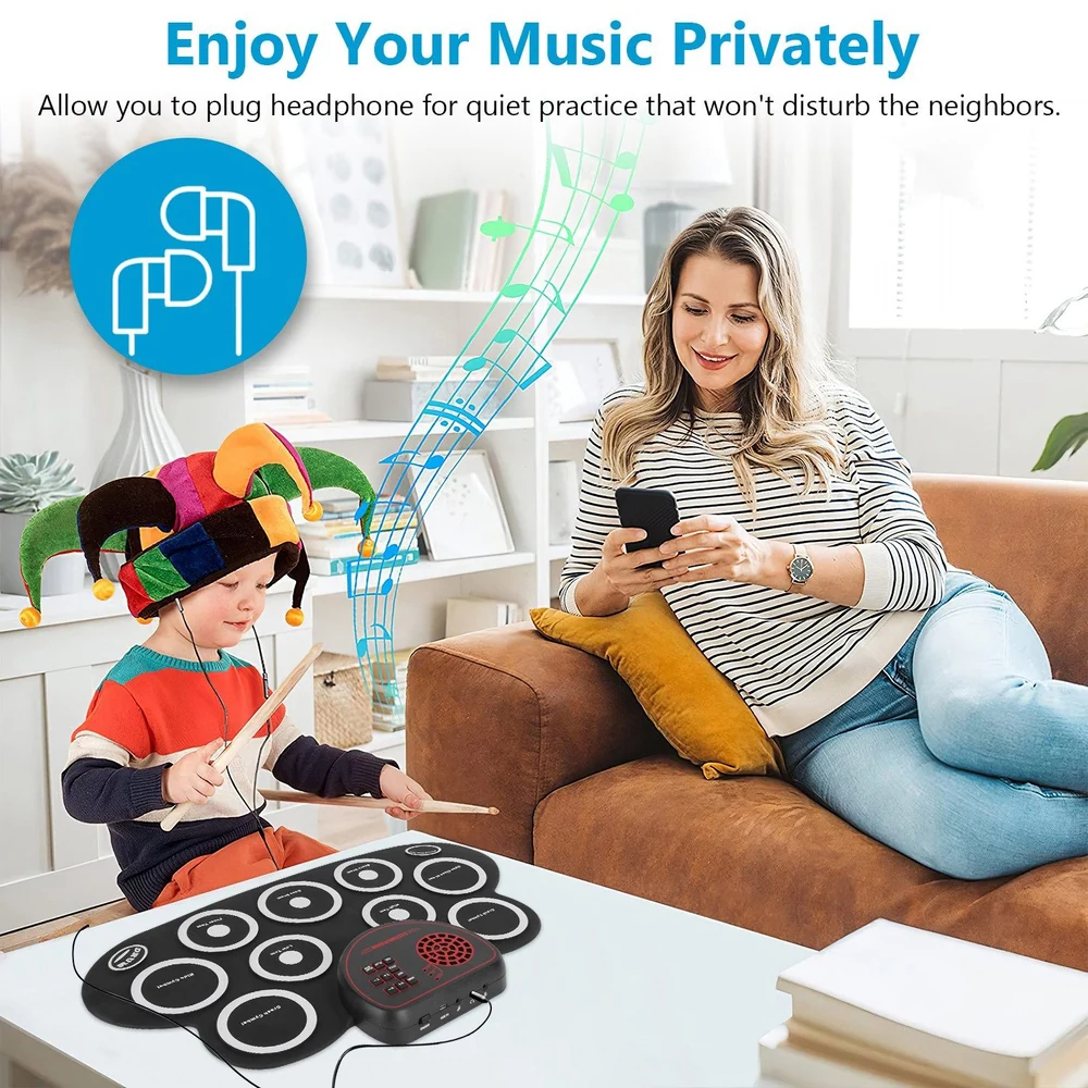 Child playing with a portable electronic drum set on a coffee table, while a woman relaxes on the couch using a smartphone; a colorful hat on the child adds a playful touch, illustrating a family-friendly music practice environment.