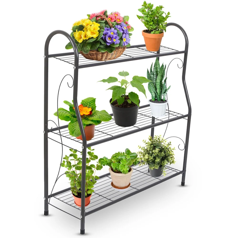 Metal plant stand with three shelves displaying colorful potted flowers and greenery, ideal for indoor or outdoor gardening.