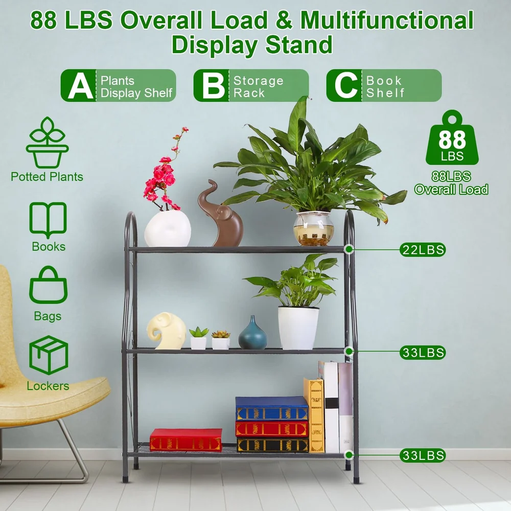 Multifunctional display stand with a capacity of 88 lbs, featuring three shelves ideal for potted plants, books, bags, and decor items, set against a light blue wall and accompanied by a stylish chair.
