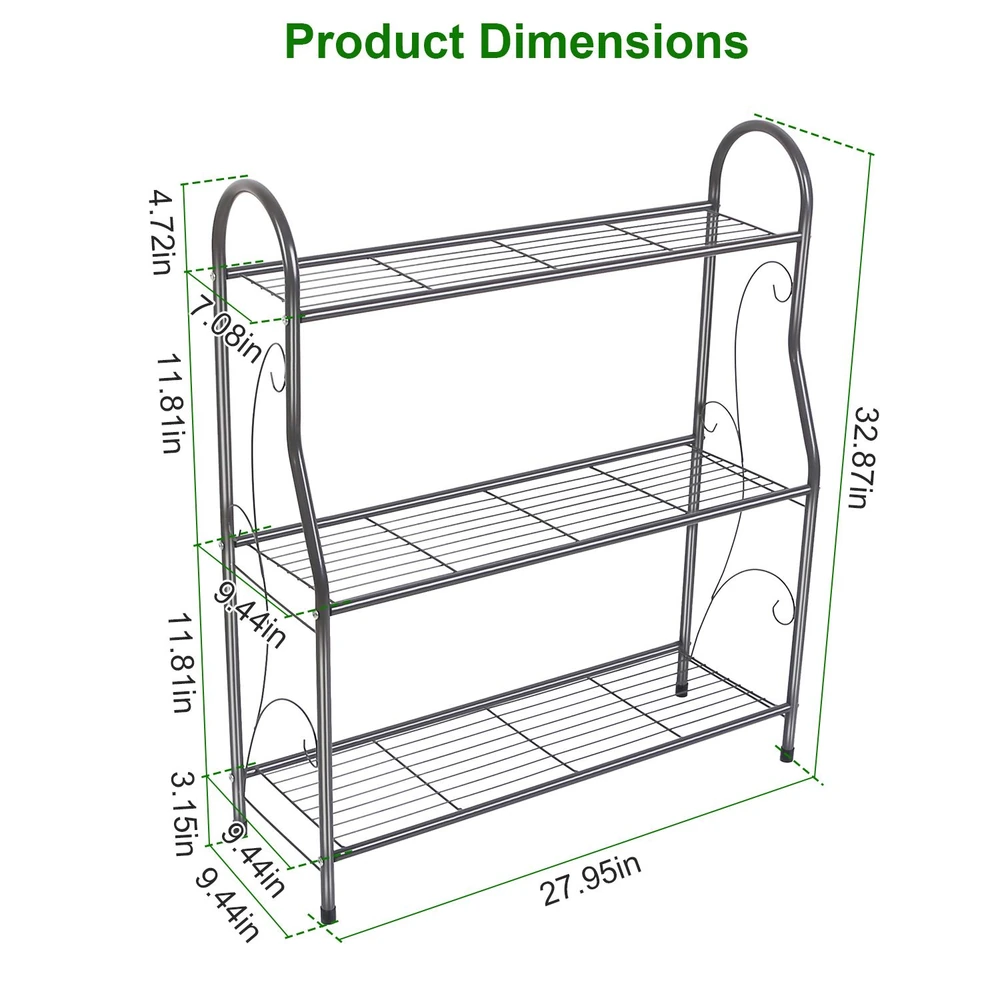Three-tier metal shelving unit with dimensions displayed: height 32.87 inches, width 27.95 inches, and adjustable shelf heights of 4.72, 11.81, and 9.44 inches.