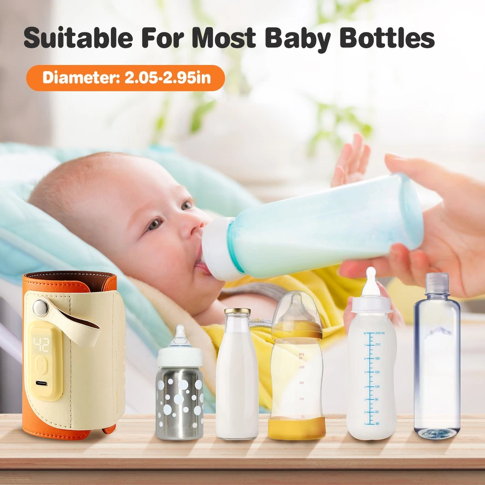 Baby bottle warmer designed to fit various bottle sizes, featuring a digital display and suitable for diameters between 2.05-2.95 inches, with a cozy background of a parent feeding a baby.