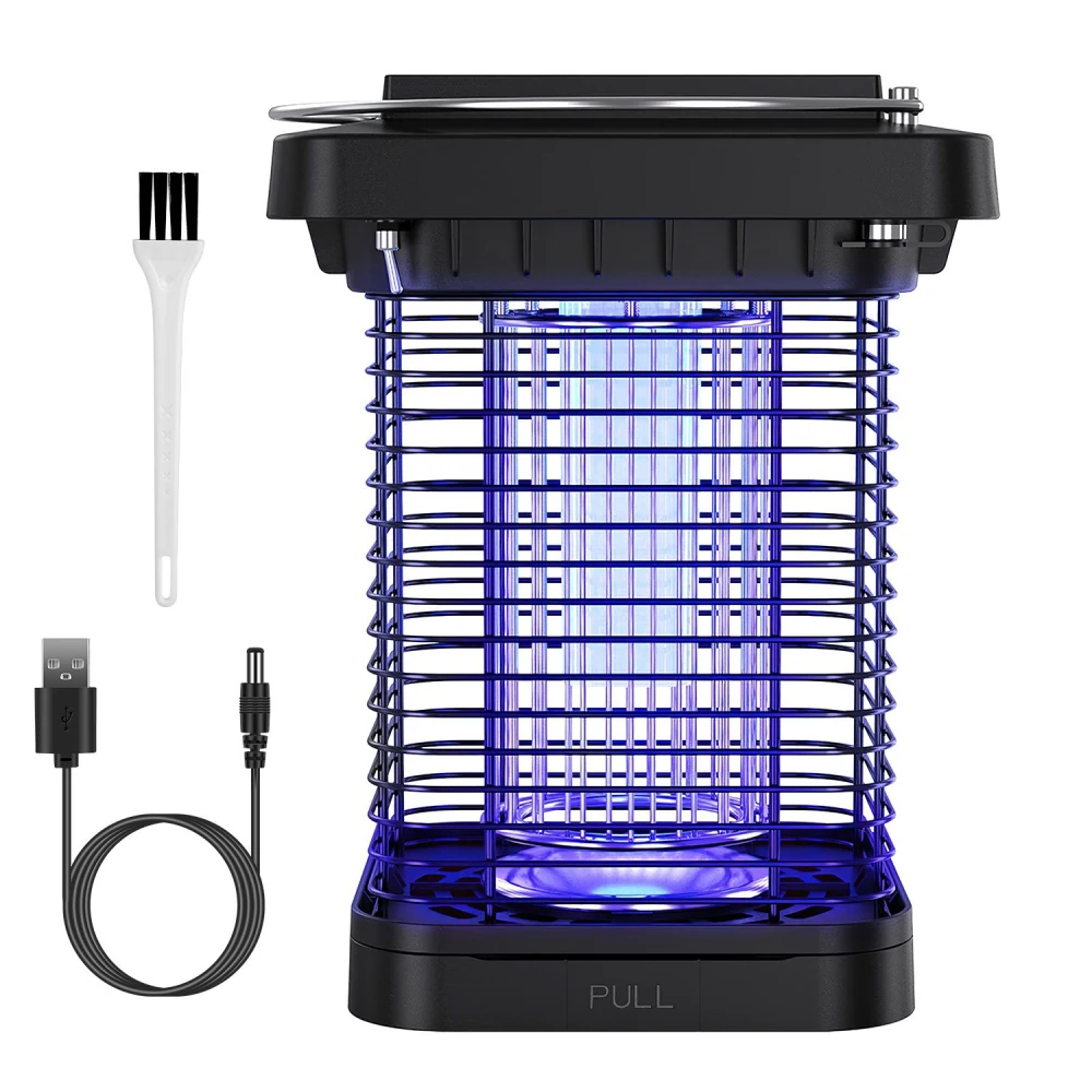 Electric insect zapper with a blue light, a cleaning brush, and a USB charging cable, designed for efficient indoor and outdoor pest control.