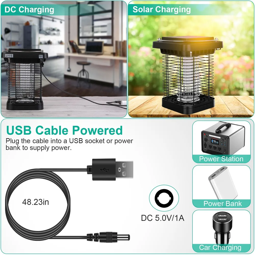 Portable insect trap with dual charging options: DC and solar power, featuring a USB cable for versatile usage, ideal for indoor and outdoor settings.