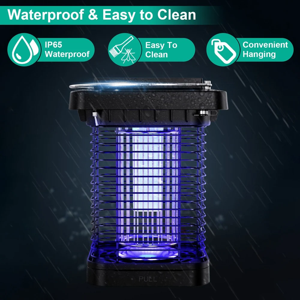 IP65 waterproof insect zapper with easy cleaning features and convenient hanging options, illuminated with a blue light, designed for outdoor use.