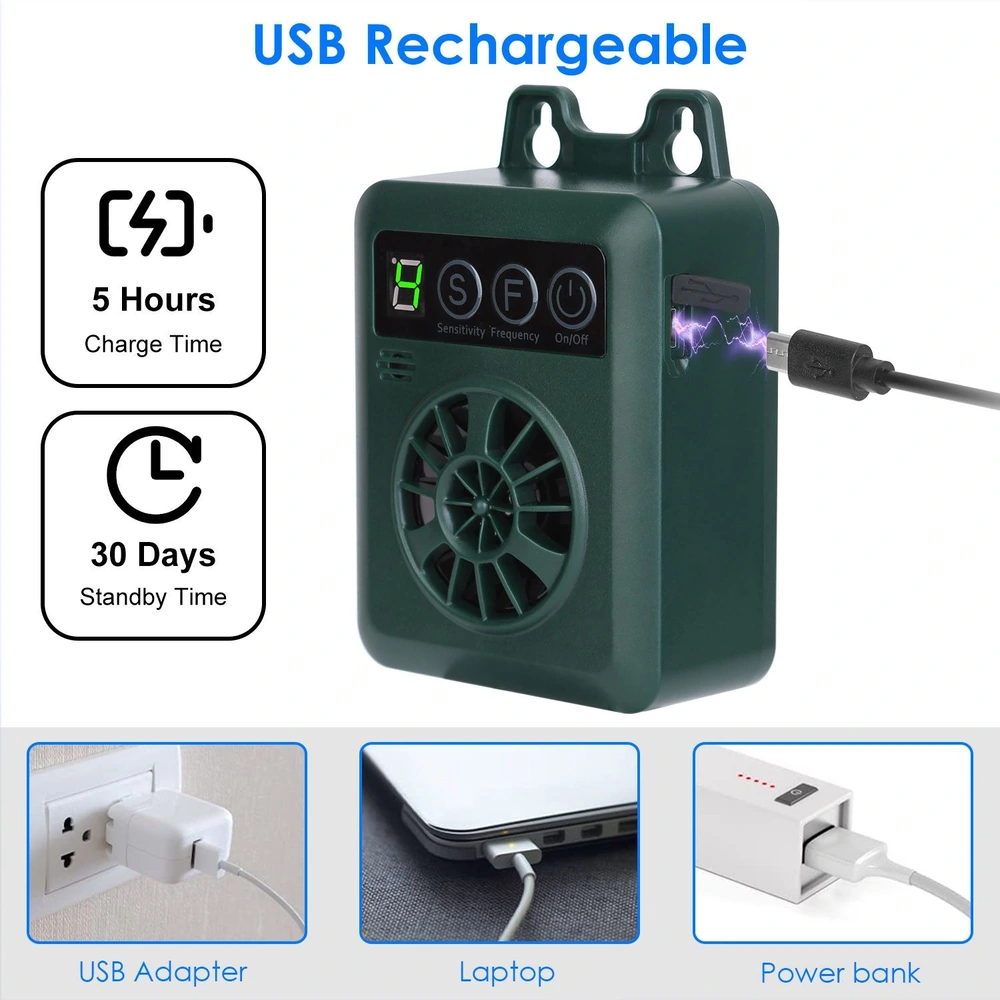 USB rechargeable pest repeller with a 5-hour charge time, 30 days standby, and multiple charging options including USB adapter and laptop.