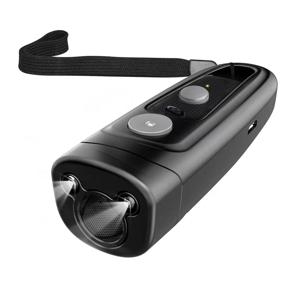Rechargeable handheld flashlight with dual LED beams, built-in USB port, and ergonomic design, featuring a lanyard strap for easy carrying.