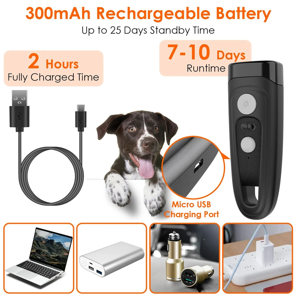 Rechargeable 300mAh pet training device with 2-hour charging time, 7-10 days runtime, micro USB charging port, and a playful dog in the background.