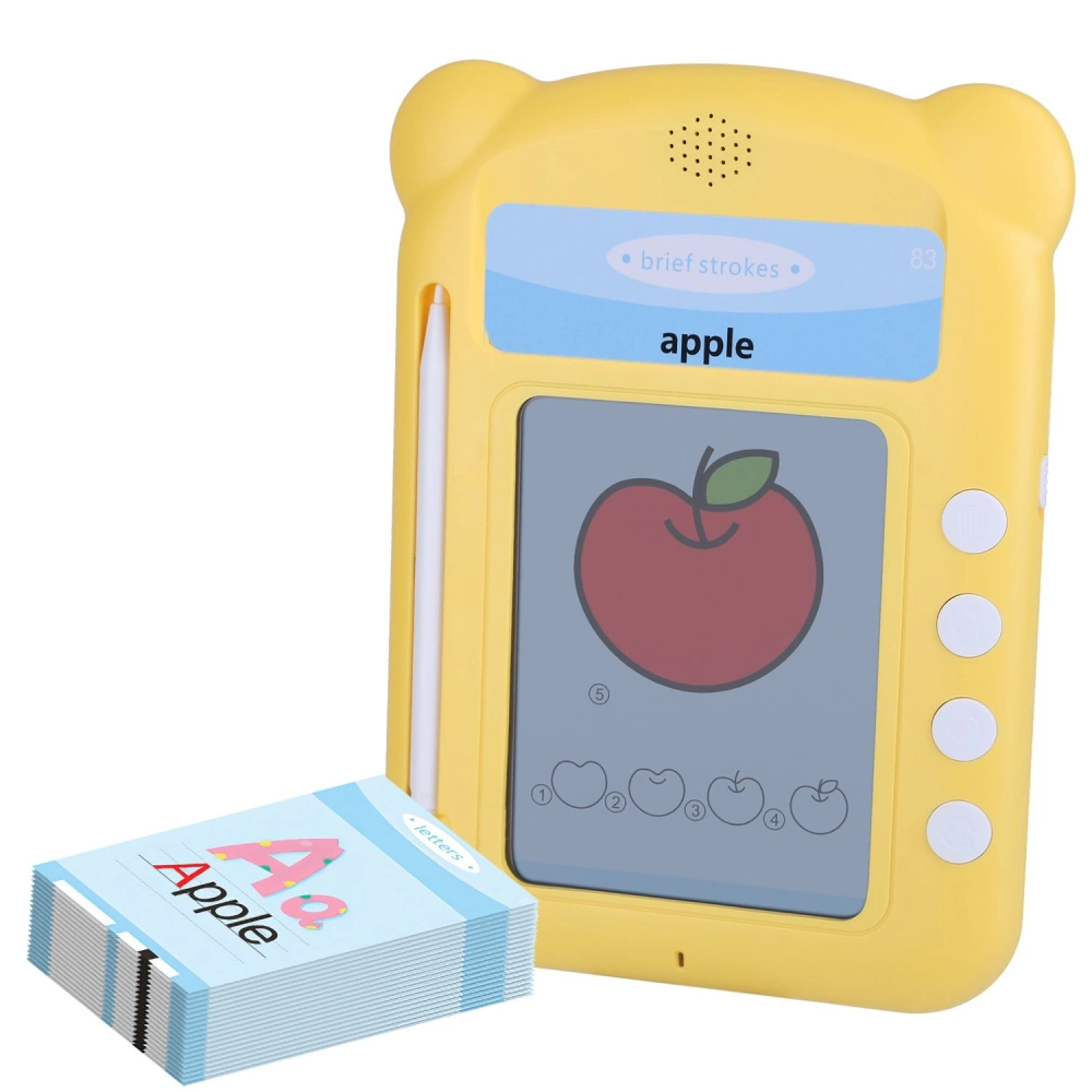 Yellow learning tablet featuring an apple illustration on the screen, stylus for drawing, and a stack of educational flashcards.