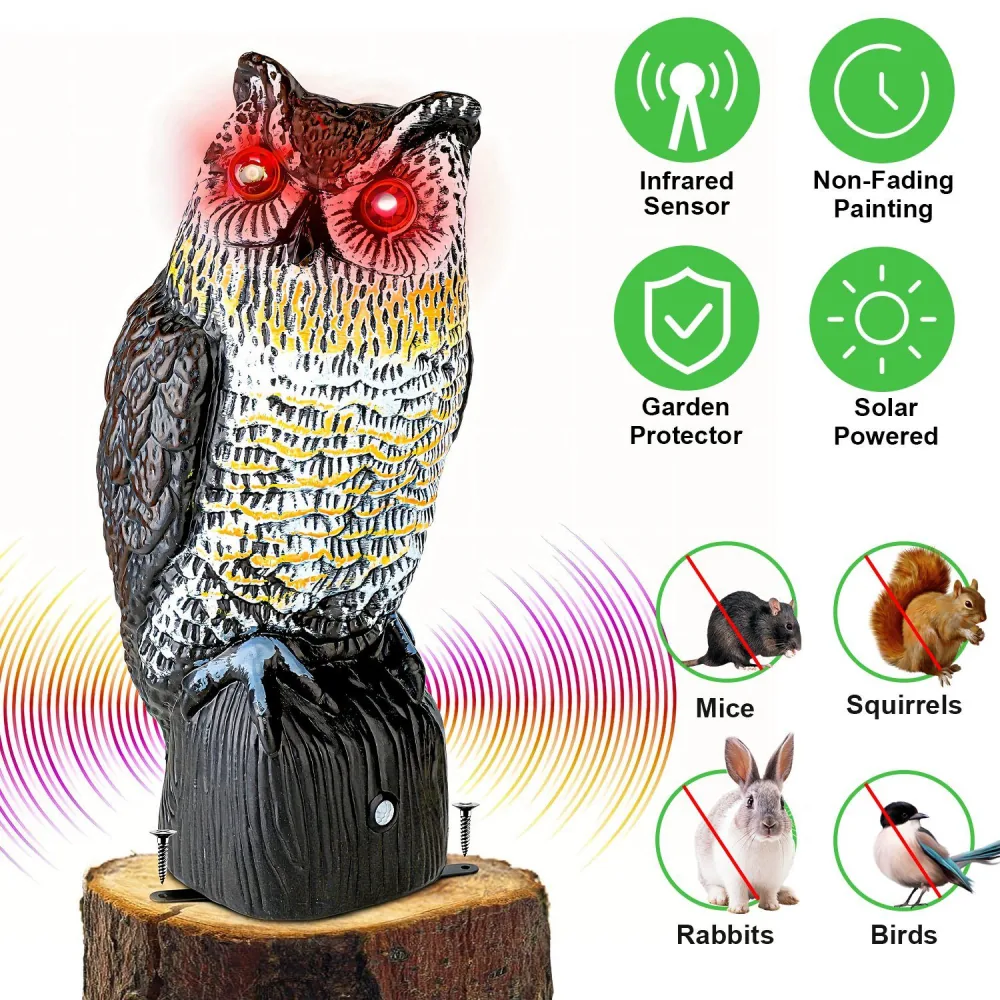 Solar-powered decorative owl with glowing red eyes, designed to deter garden pests like mice, squirrels, rabbits, and birds, featuring an infrared sensor and non-fading paint.