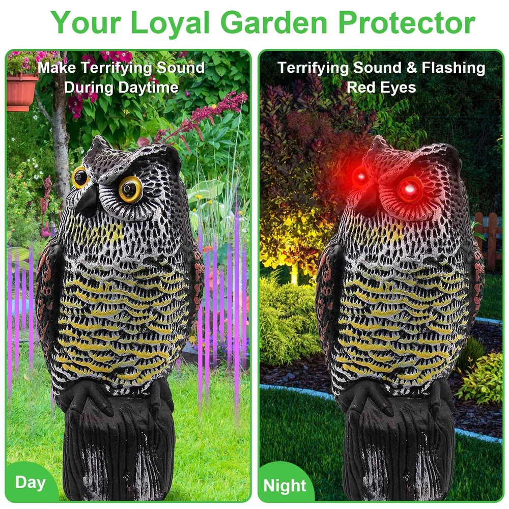Owl garden statue with LED red eyes and sound features for daytime and nighttime protection against pests
