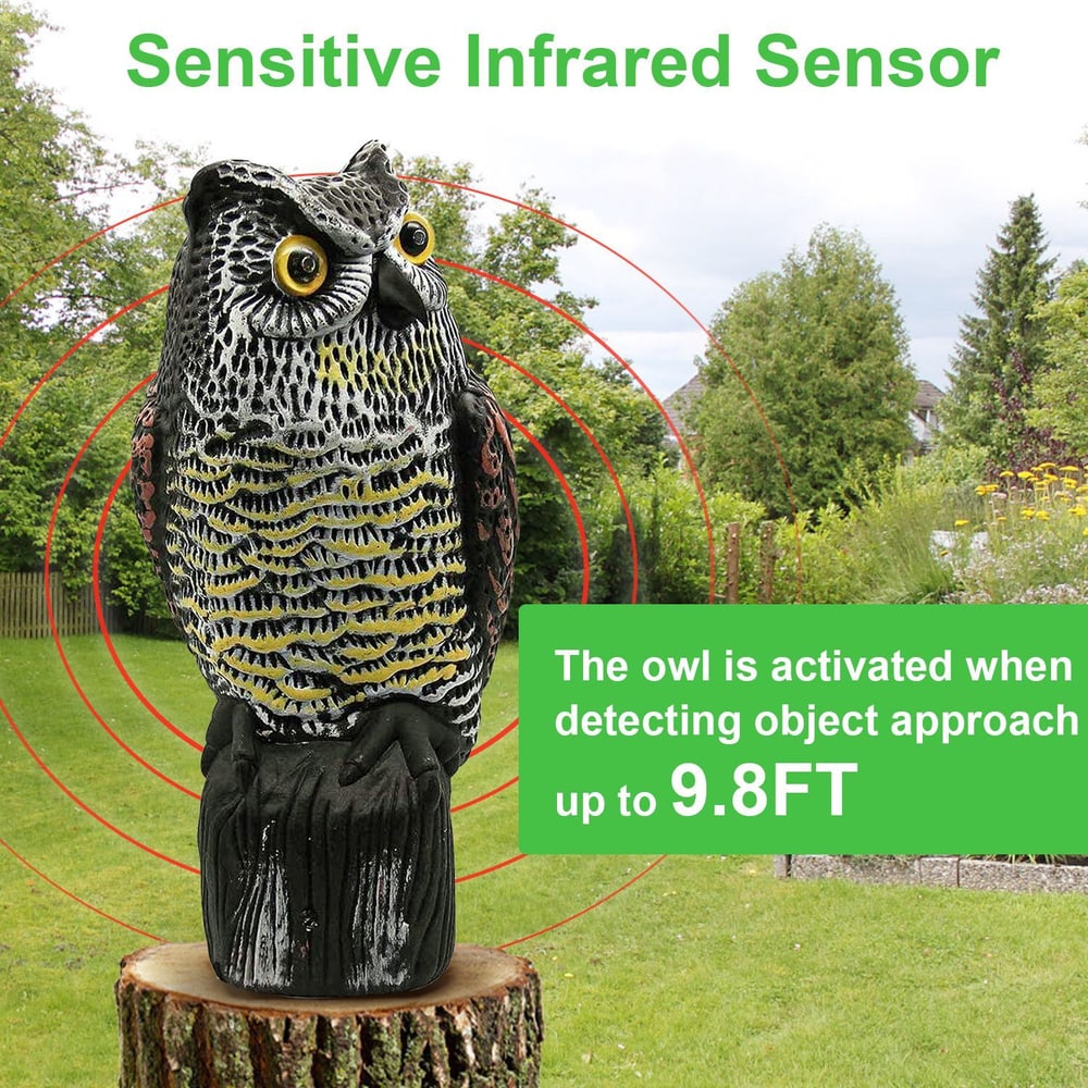Owl garden protector statue with sensitive infrared sensor, designed to activate upon detecting movement up to 9.8 feet, set against a lush green garden background.
