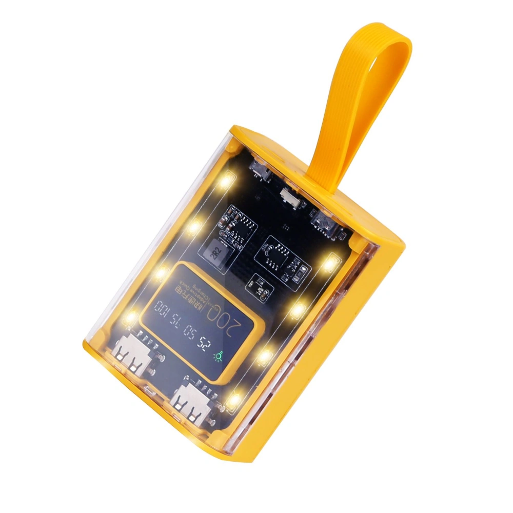 Bright yellow compact power bank with LED indicators and two USB ports, ideal for charging devices on the go.