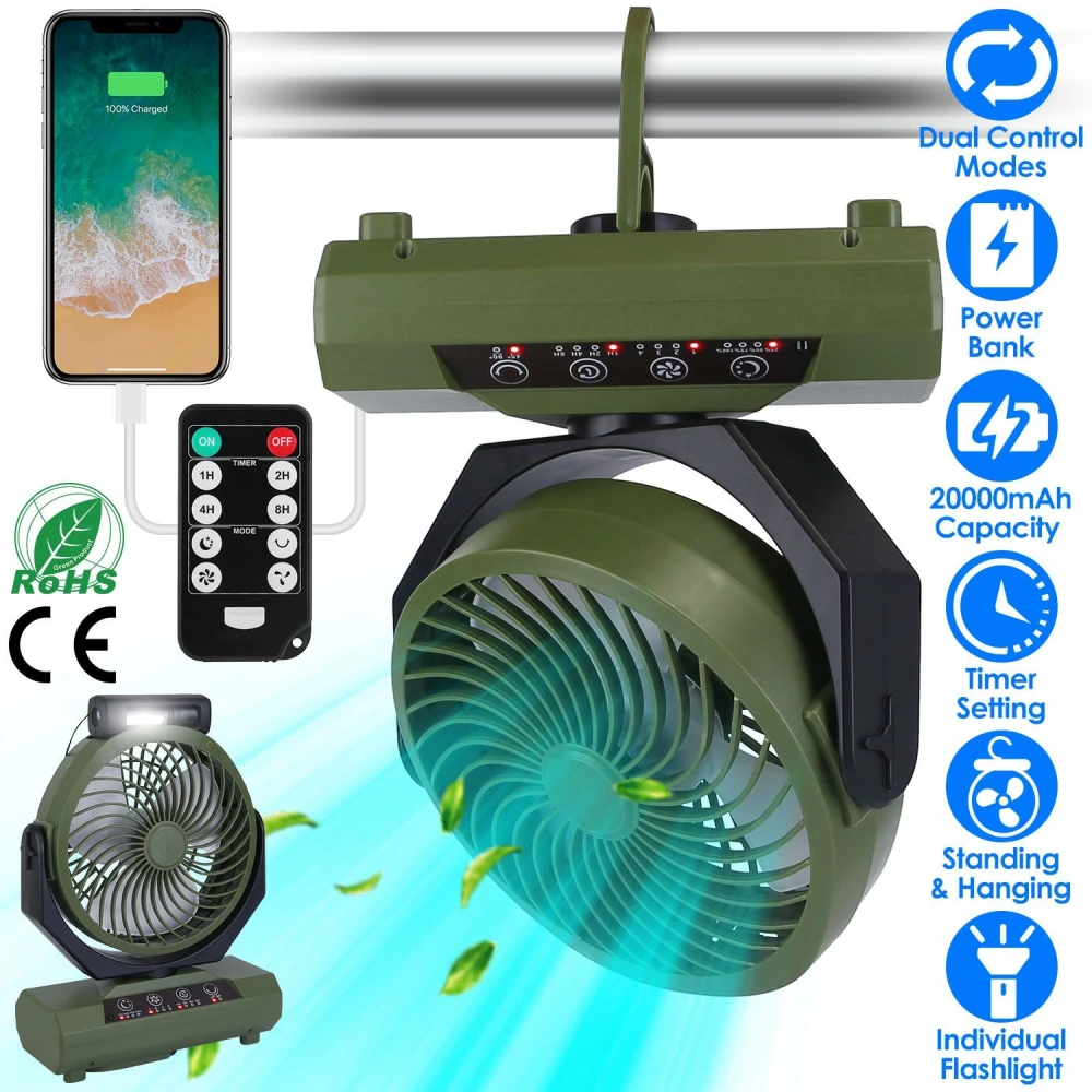 Portable rechargeable camping fan with remote control, power bank feature, 20000mAh capacity, timer setting, and flashlight; suitable for standing or hanging use.