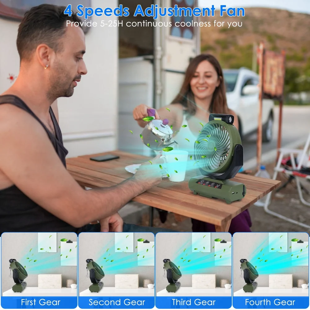 Portable fan with four speed settings, providing 5-25 hours of cooling efficiency, demonstrated outdoors on a table with two people enjoying refreshments.