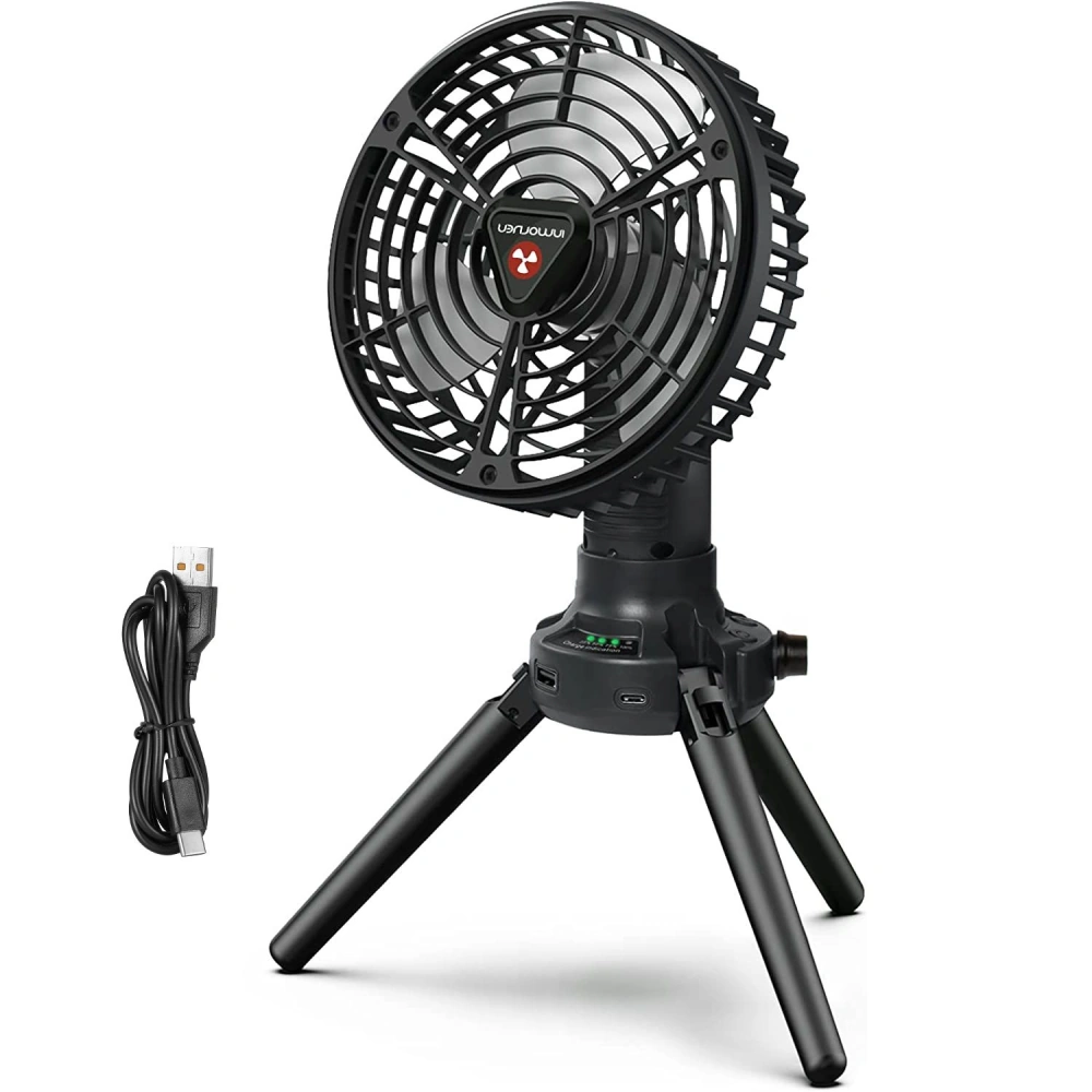 Portable USB fan with adjustable tripod stand and LED battery indicator, designed for personal cooling and convenience.