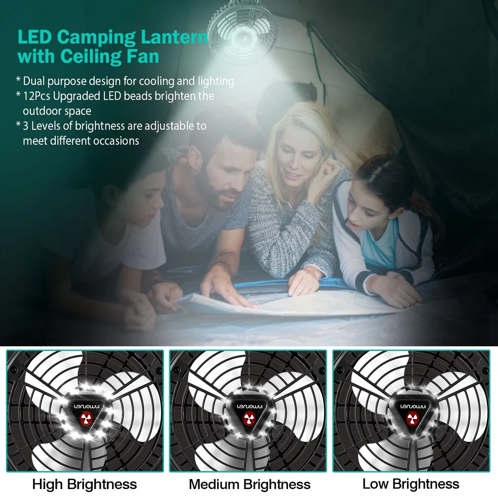 LED camping lantern with ceiling fan, featuring dual cooling and lighting functionality, 12 upgraded LED beads for bright outdoor illumination, and adjustable brightness in three levels for various occasions.