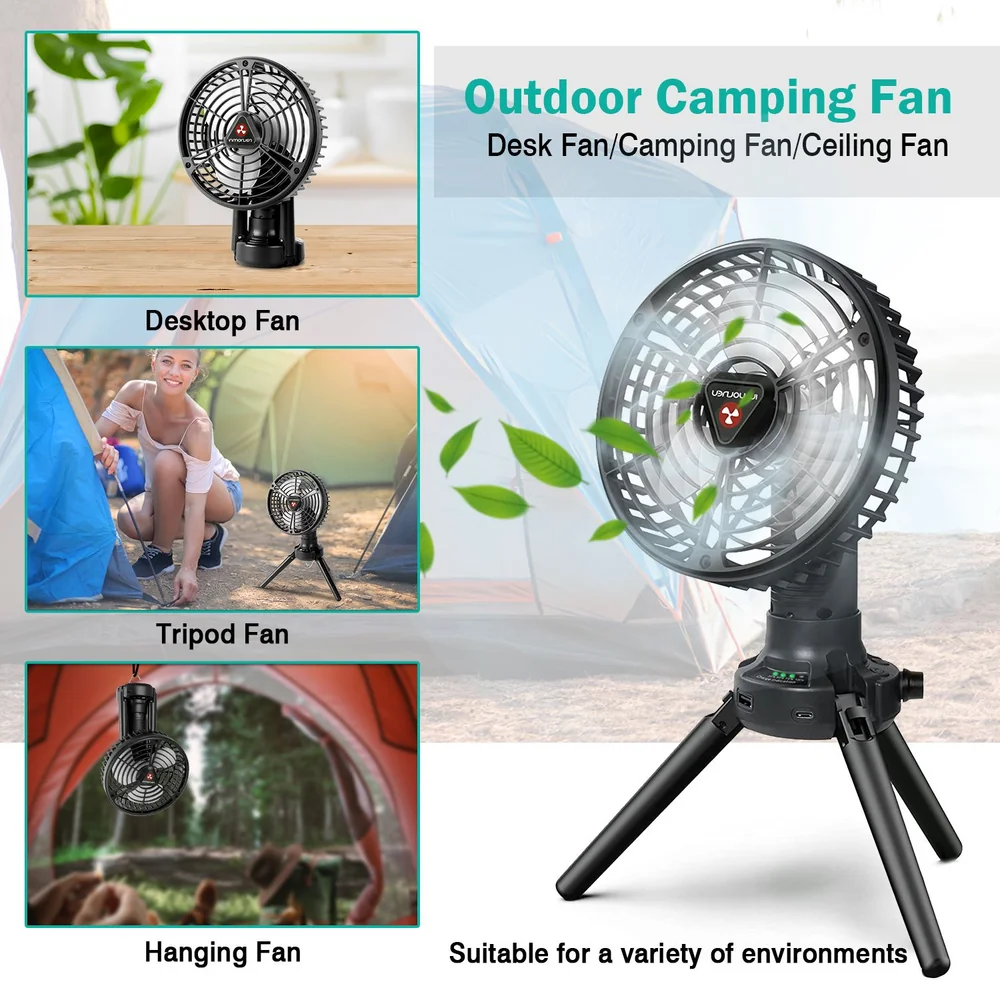 Versatile outdoor camping fan displayed in multiple configurations: as a desktop fan on a wooden surface, a tripod fan next to a tent, and a hanging fan inside a tent, showcasing its suitability for various environments.