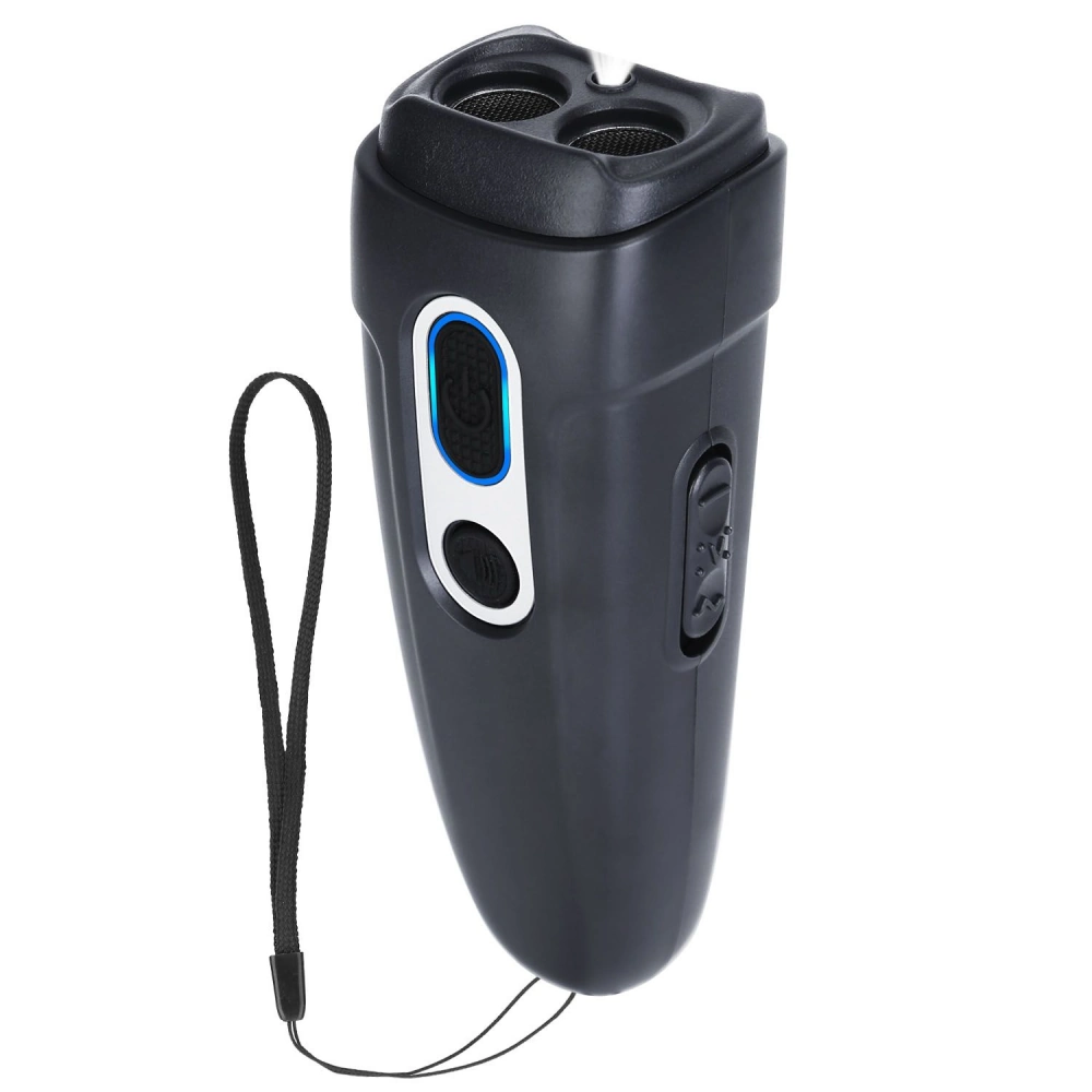 Portable electric dual-blade shaver with ergonomic design and wrist strap, perfect for travel and grooming on-the-go.
