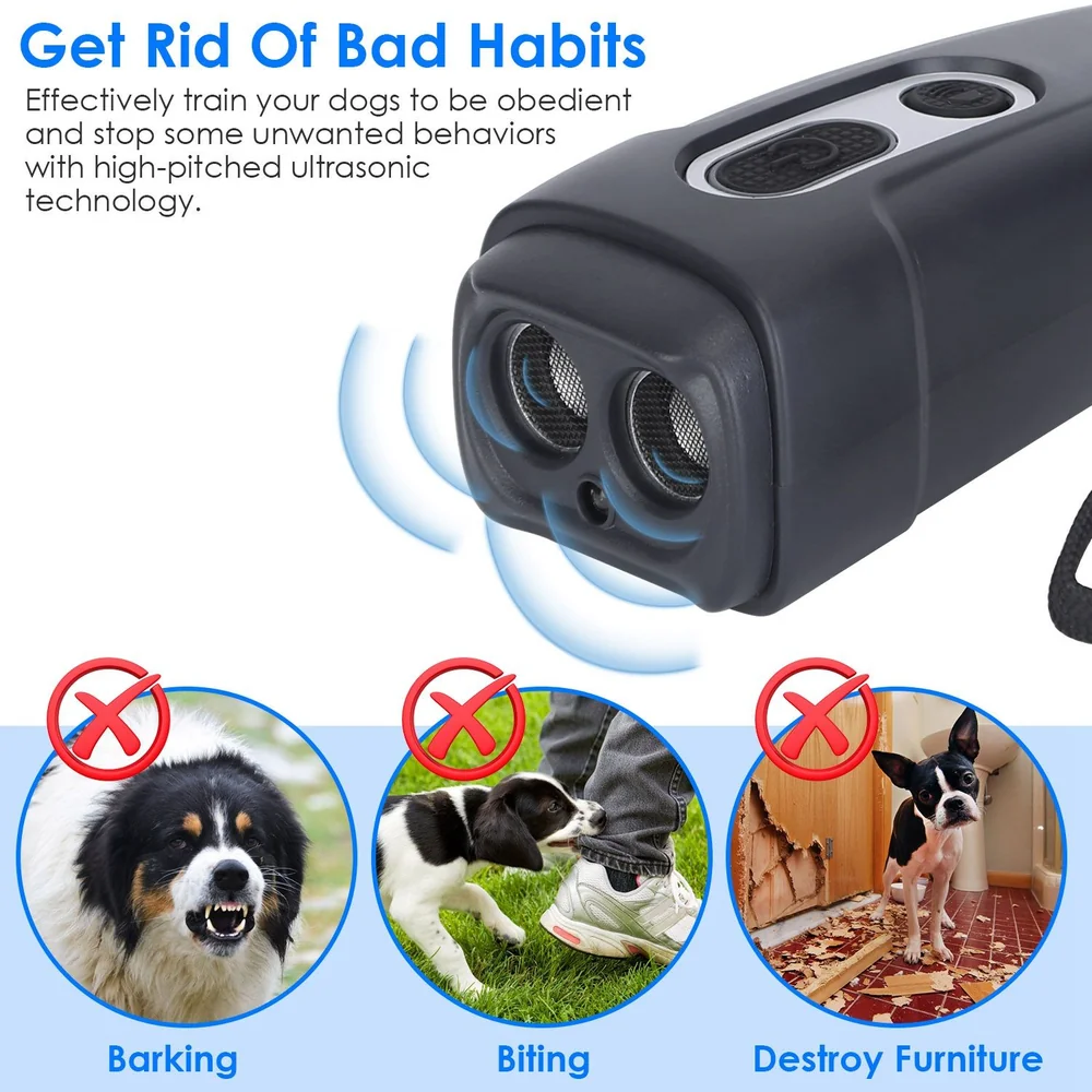 Ultrasonic dog training device to curb barking, biting, and destructive behavior, featuring a sleek design and dual ultrasonic emitters.