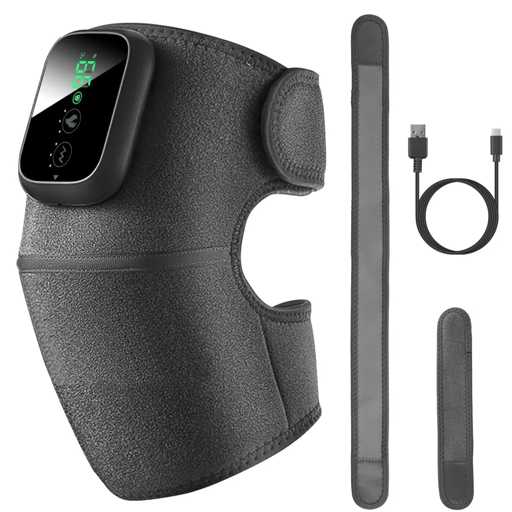 Heat therapy knee brace with digital display, USB charging cable, and adjustable straps, designed for pain relief and comfort.
