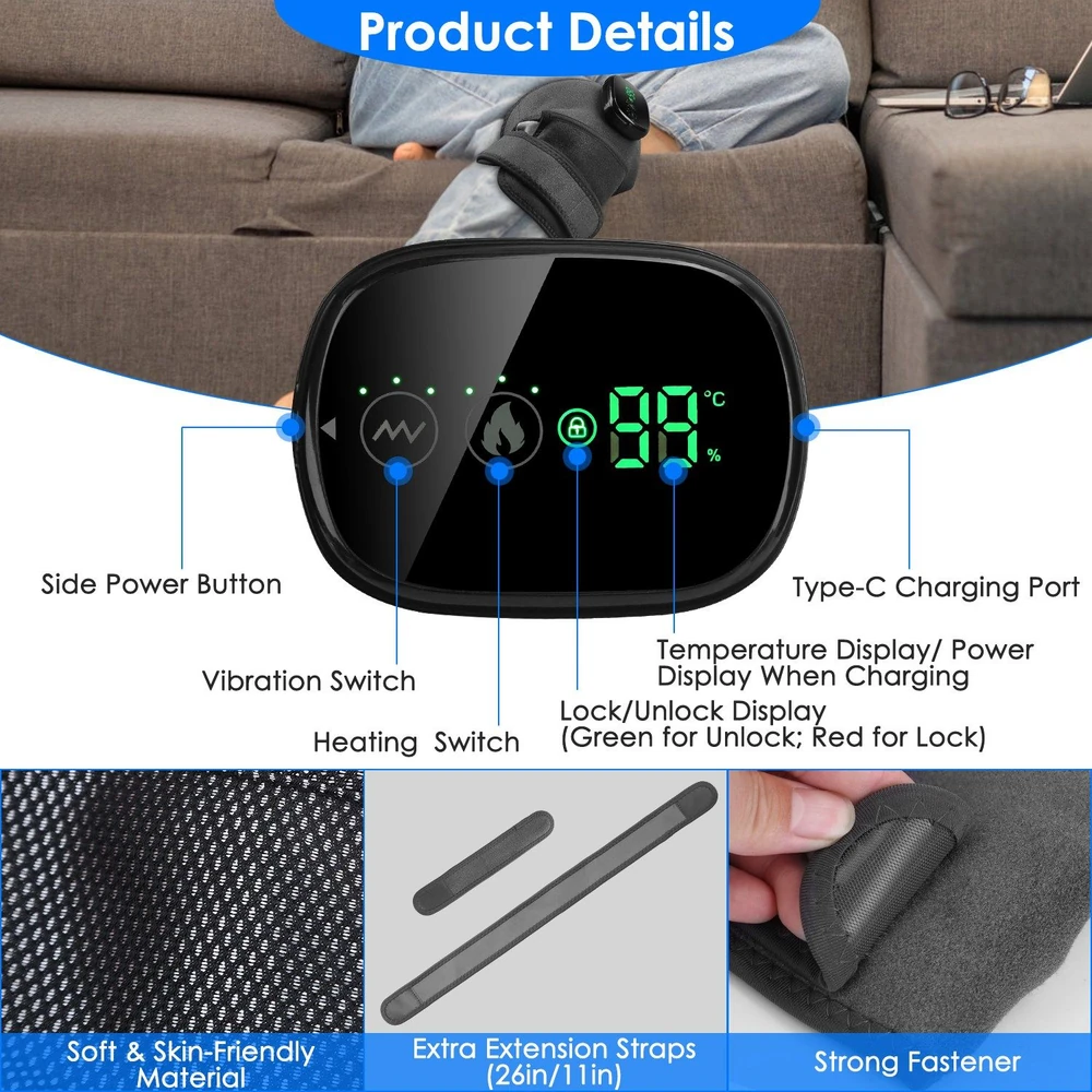 Heating pad controller with digital display, side power button, vibration switch, and Type-C charging port, featuring soft material and extra extension straps for comfort and adjustable fit.