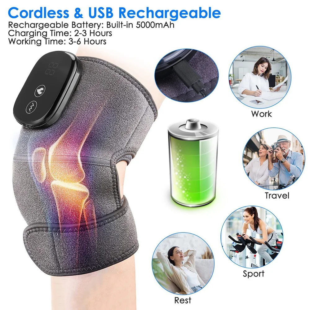 Cordless USB rechargeable knee support brace with a built-in 5000mAh battery, designed for comfort and mobility, showcasing usage scenarios in work, travel, rest, and sports.