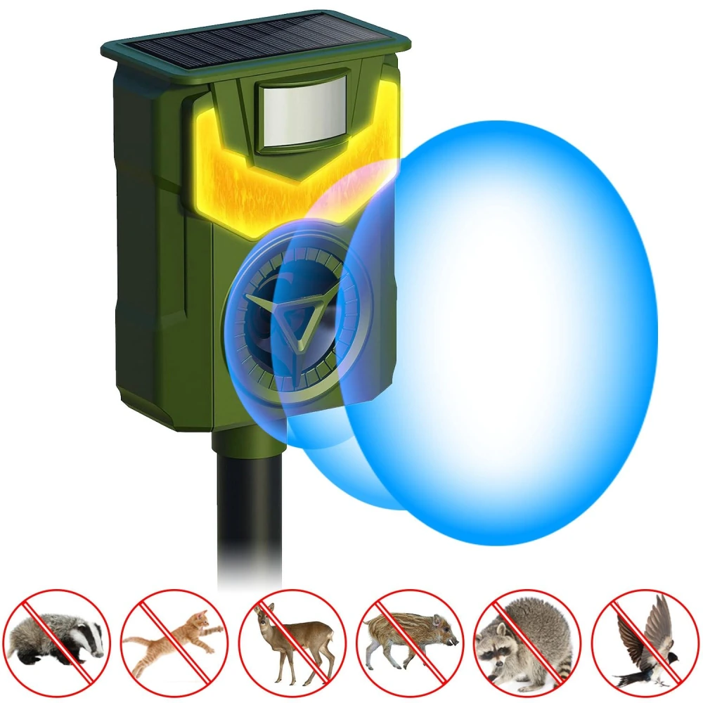 Solar-powered animal repeller device with motion sensor and sound waves, designed to deter unwanted pests like cats, deer, and raccoons, featuring an eco-friendly design.
