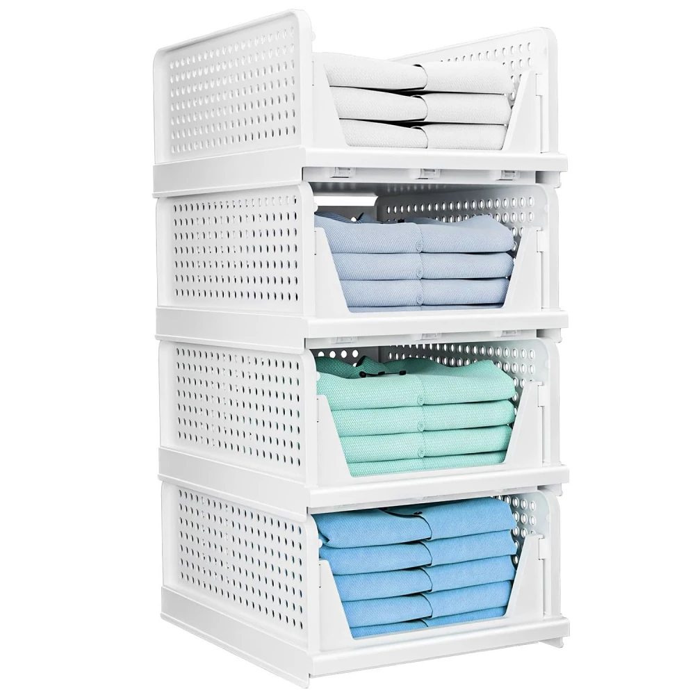Four-tier white storage organizer with neatly folded towels in various shades of blue and green, designed for efficient space-saving and easy access.