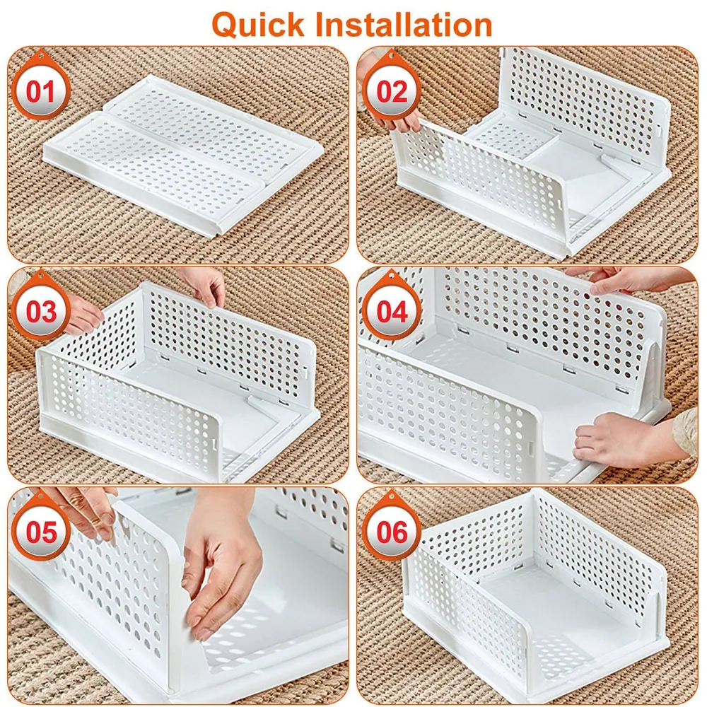 Step-by-step guide for quick installation of a white perforated storage basket on a textured surface.
