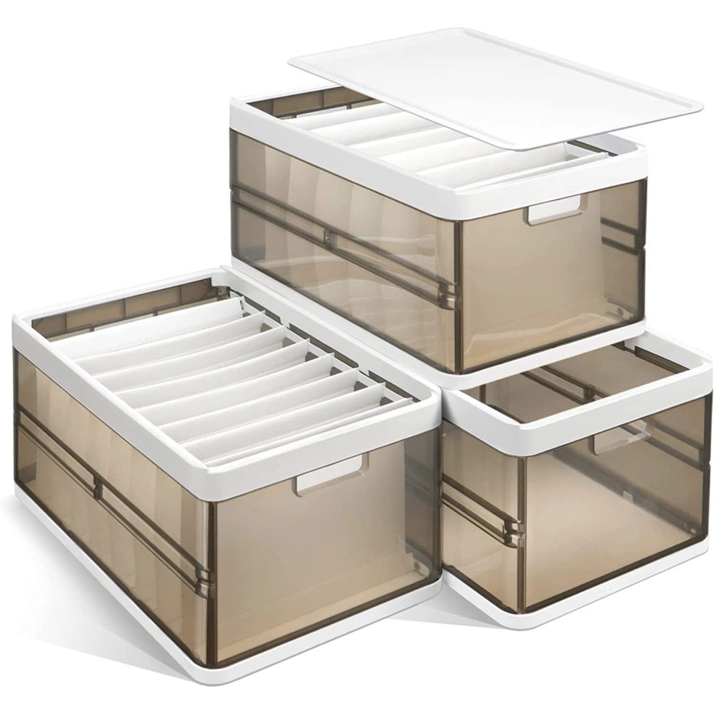 Stackable storage bins with transparent brown bodies and white lids, featuring dividers for organization.