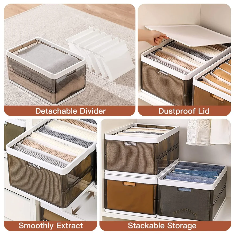 Stylish storage boxes with a dustproof lid, detachable dividers, and stackable design for organized closets, featuring smoothly extractable compartments for easy access.