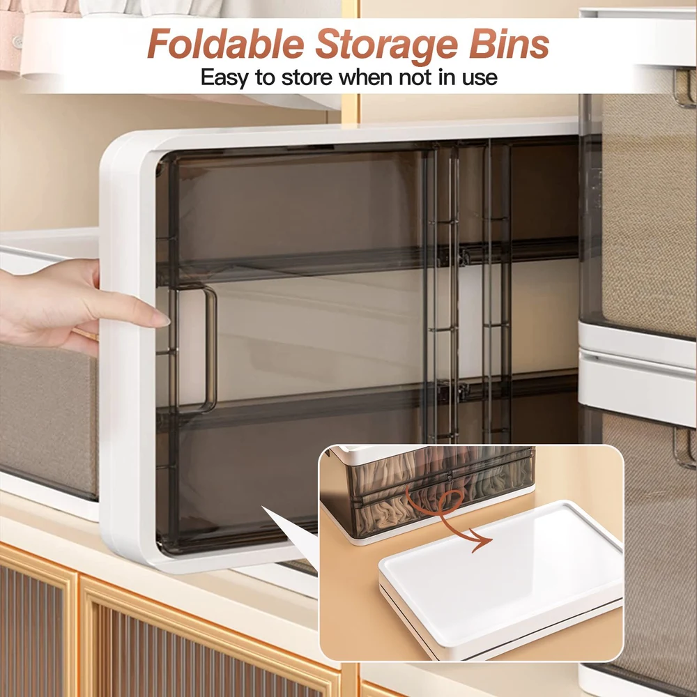 Foldable storage bins featuring a sleek design and transparent front, showcasing easy organization and space-saving capabilities, ideal for decluttering and maximizing storage in any setting.