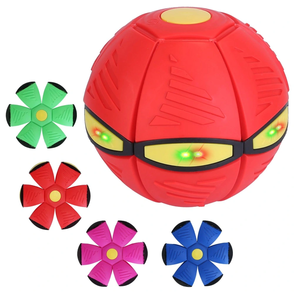 Bright red interactive toy ball with glowing lights and colorful soft flower-shaped accessories in green, pink, blue, and red, ideal for children's play and engagement.