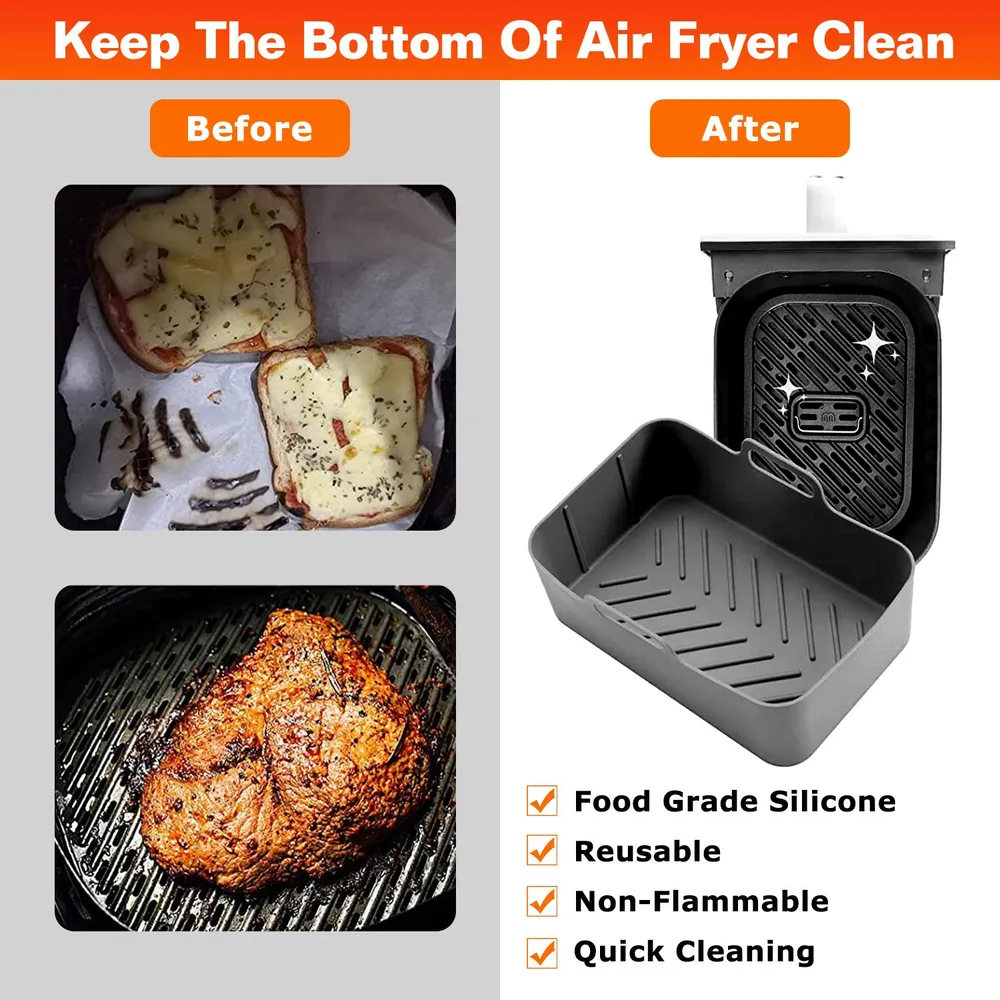 Image comparing the messy bottom of an air fryer before using a food-grade silicone liner to the clean state after use, highlighting the liner's reusable and quick-cleaning benefits.