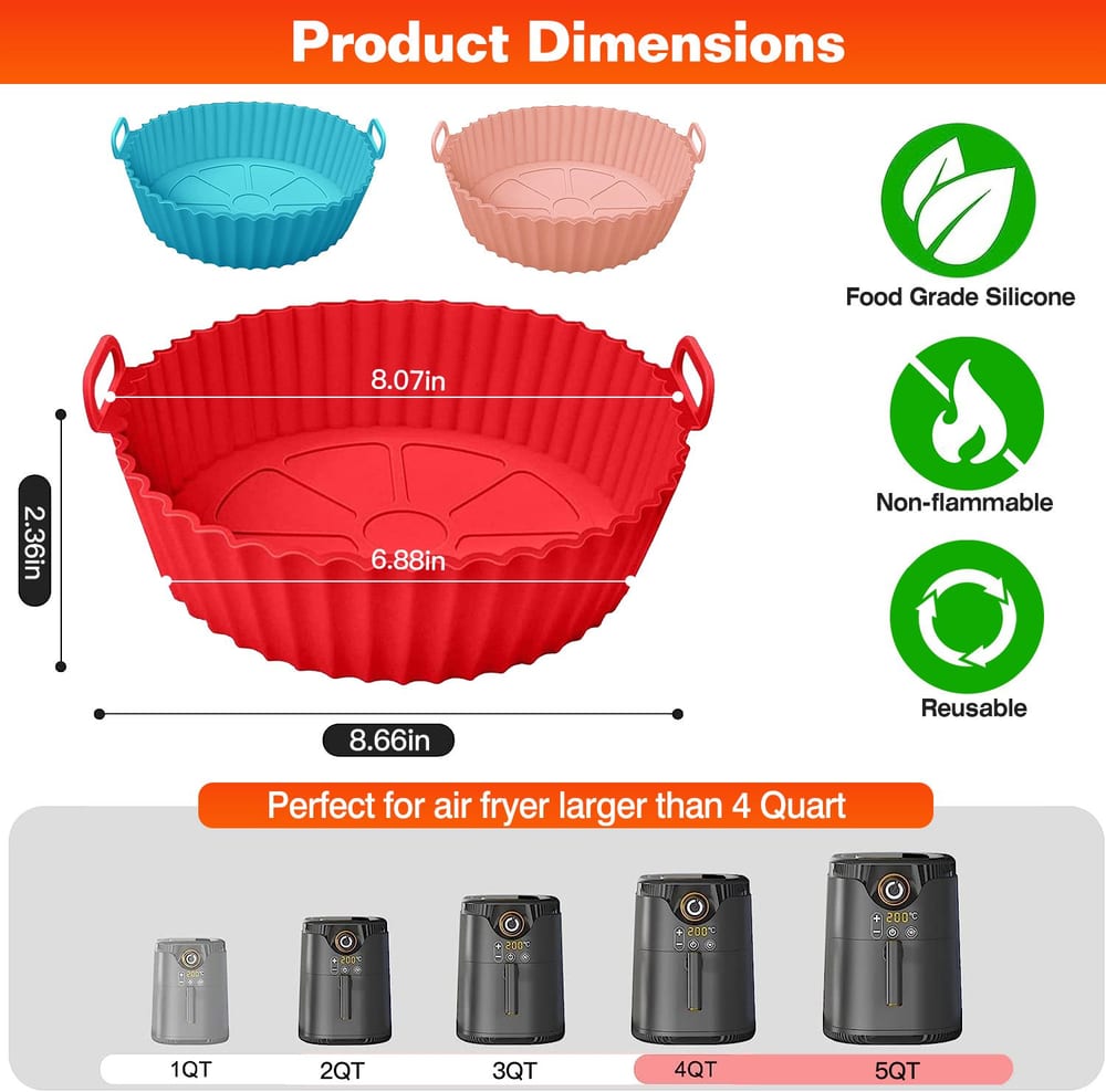Red silicone air fryer liner with handles, measuring 8.66 inches wide and 2.36 inches deep, suitable for 4-quart air fryers, showcasing reusable and non-flammable features.