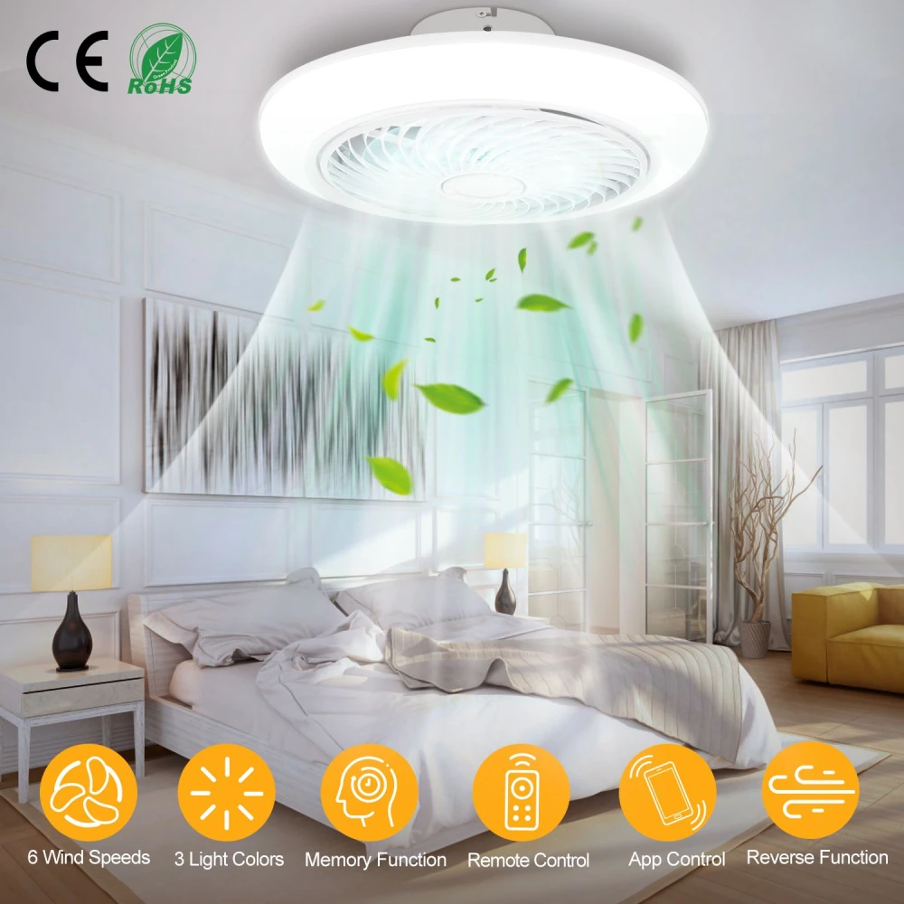 Modern ceiling fan with integrated light, featuring remote control, six wind speeds, three light colors, and memory function, set in a cozy bedroom with soft lighting and elegant decor.