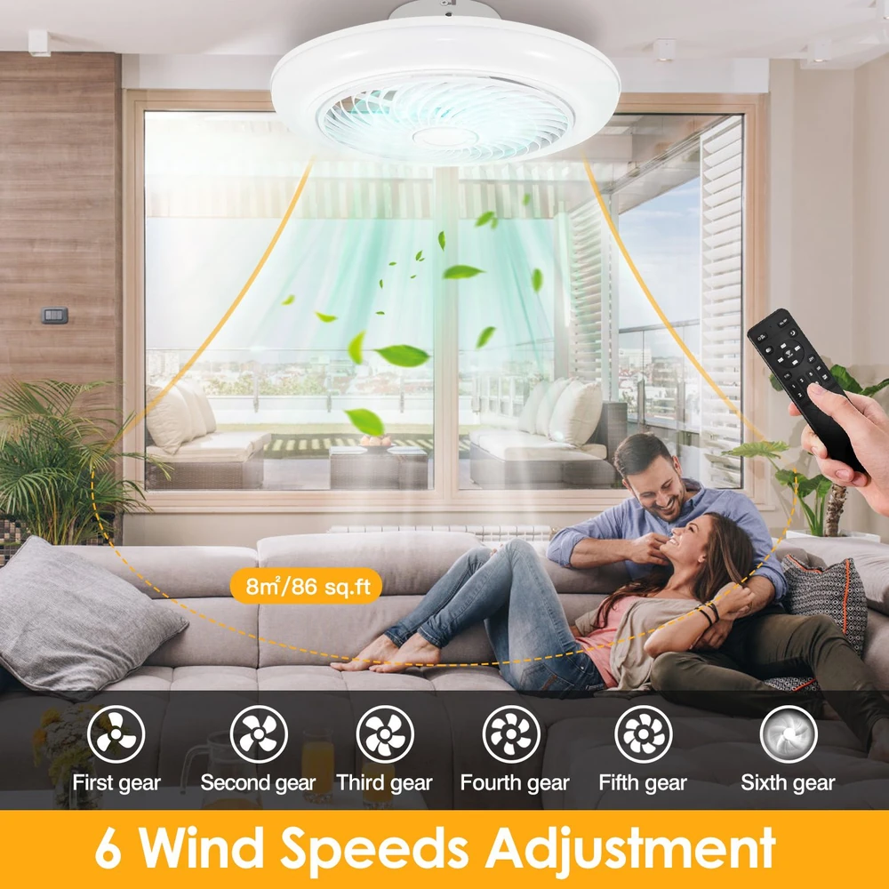 Modern ceiling fan with remote control, featuring six adjustable wind speeds, shown in a stylish living room setting with sunlight streaming through large windows. Ideal for cooling spaces up to 86 sq. ft.