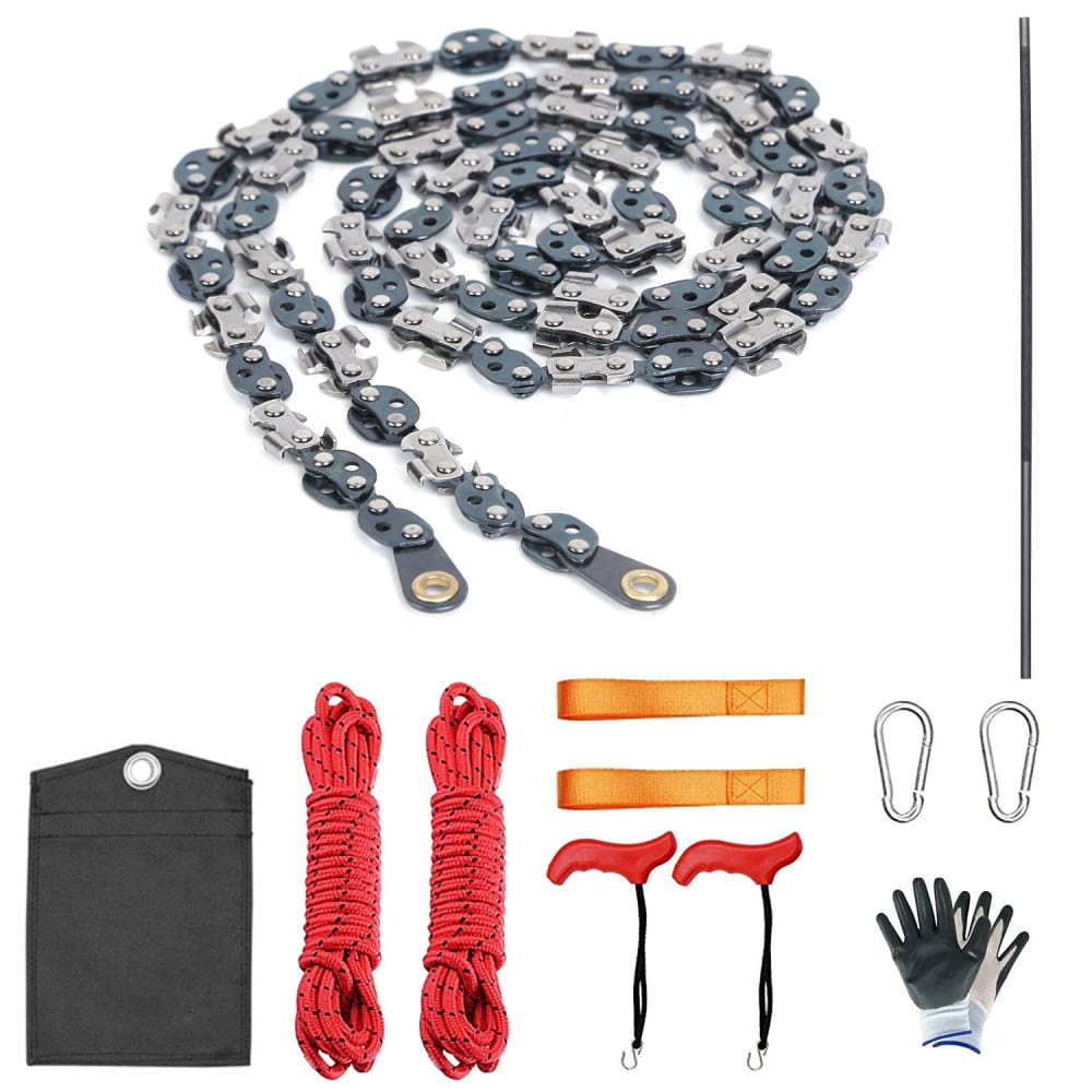 Heavy-duty tree climbing gear set including a durable climbing chain, safety gloves, two red climbing ropes, two orange straps, carabiners, and a storage pouch, ideal for outdoor adventures and professional use.