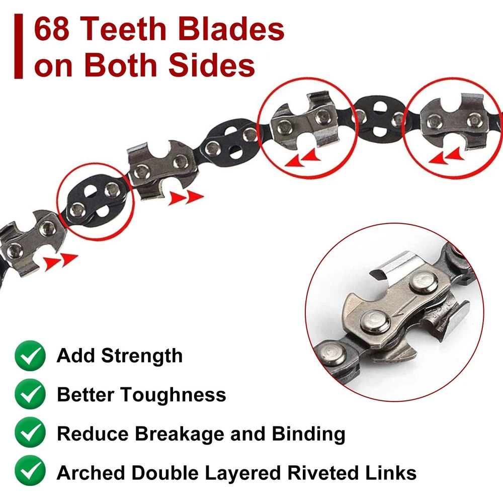 Chain saw chain featuring 68 teeth blades on both sides, highlighting strength, toughness, and reduced breakage, with arched double layered riveted links for enhanced performance.