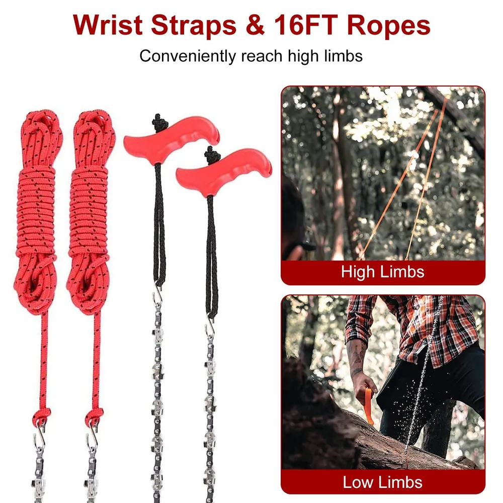 Wrist straps and 16FT ropes for reaching high limbs, featuring red handles and a practical design for tree maintenance and outdoor activities.