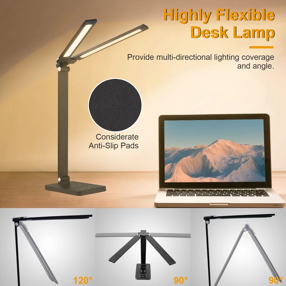 Highly flexible desk lamp with adjustable arms, featuring anti-slip pads for stability, providing multi-directional lighting, alongside a laptop on a wooden desk.